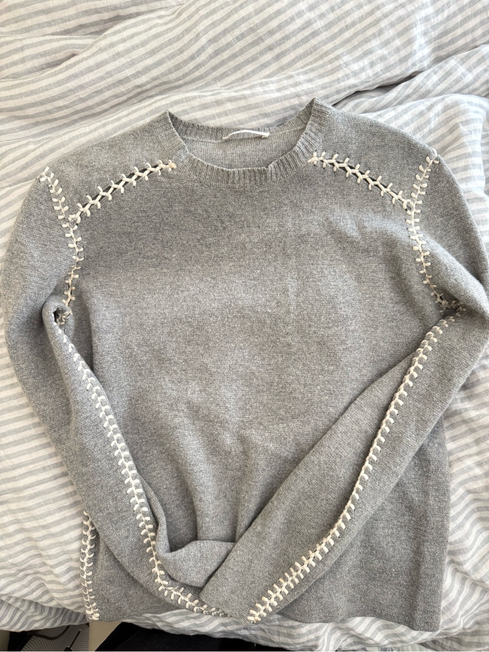 Chloe Gray Crewneck Sweater with Cream Whipstitch Trim